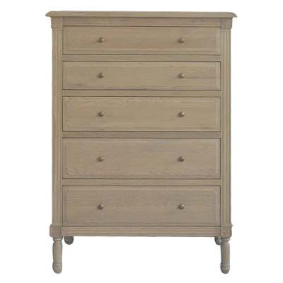 Flinders Oak Timber 5 Drawer Tallboy, Round Knob, Weathered Oak