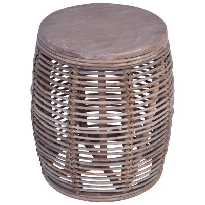 Wendell Rattan Round Stool / Side Table, Grey Wash