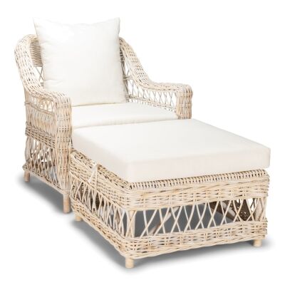 Nassau Rattan Armchair & Ottoman Set, White Wash / White