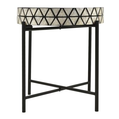 Tribajra Round Capiz Shell Tray Top Side Table, Ivory / Black