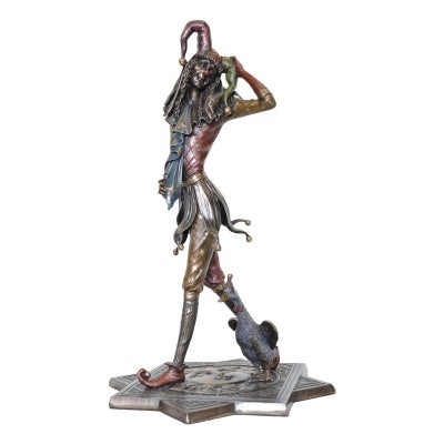 Veronese Cold Cast Bronze Coated Jester Figurine, Walking with Duck