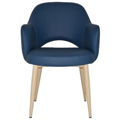 Albury Commercial Grade Vinyl Dining Armchair, Metal Leg, Blue / Birch