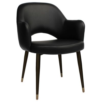 Albury Commercial Grade Vinyl Dining Armchair, Slim Metal Leg, Black / Black Brass