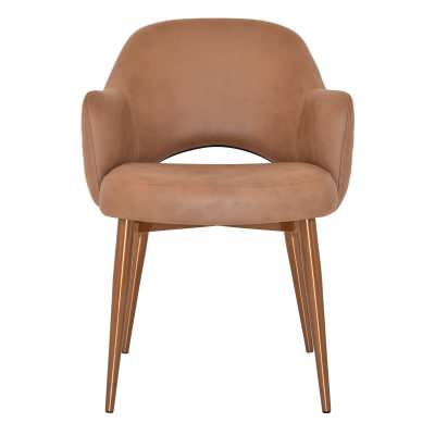 Albury Commercial Grade Pelle / Benito Fabric Dining Armchair, Slim Metal Leg, Tan / Brass
