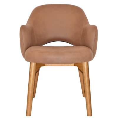 Albury Commercial Grade Pelle / Benito Fabric Dining Armchair, Timber Leg, Tan / Light Oak