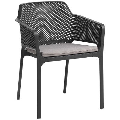 Net Italian Made Commercial Grade Stackable Indoor / Outdoor Dining Armchair with Seat Pad, Anthracite / Light Grey