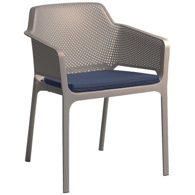 Net Italian Made Commercial Grade Stackable Indoor / Outdoor Dining Armchair with Seat Pad, Taupe / Denim