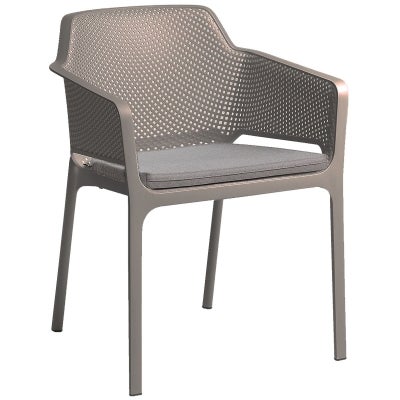Net Italian Made Commercial Grade Stackable Indoor / Outdoor Dining Armchair with Seat Pad, Taupe / Light Grey
