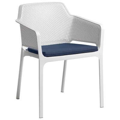 Net Italian Made Commercial Grade Stackable Indoor / Outdoor Dining Armchair with Seat Pad,  White / Denim
