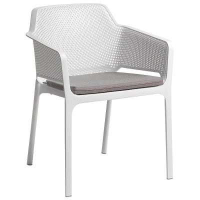 Net Italian Made Commercial Grade Stackable Indoor / Outdoor Dining Armchair with Seat Pad,  White / Light Grey