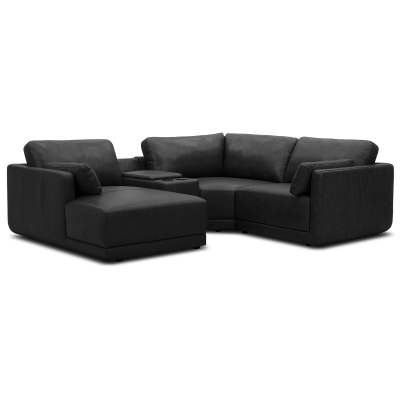 Ellington Leather Modular Corner Sofa, 3 Seater with Console & LHF Chaise, Black