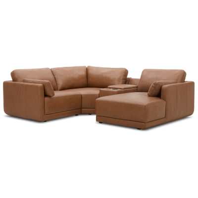 Ellington Leather Modular Corner Sofa, 3 Seater with Console & RHF Chaise, Tan