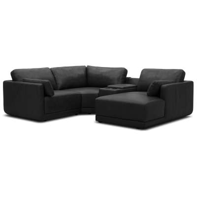 Ellington Leather Modular Corner Sofa, 3 Seater with Console & RHF Chaise, Black