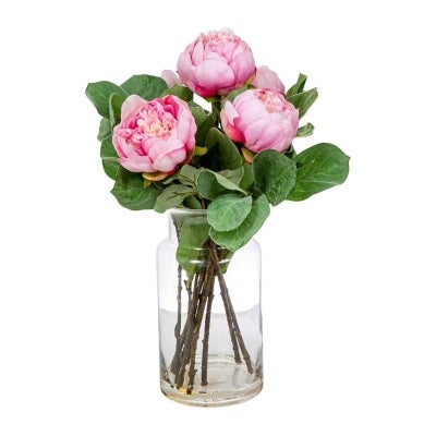 Toby Artificial Peony in Glass Vase, Small, Pink Flower