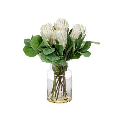 Toby Artificial Protea in Glass Vase, Small, White Flower