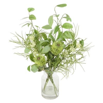 Gracie Artificial Banksia & Grey Myrtle Arrangement in Glass Vase, Green Flower