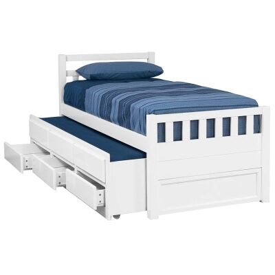 Kruz Wooden Captain Bed with Trundle & Storage Drawers, Single, Arctic White