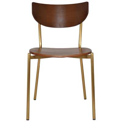 Marco Commercial Grade Stainess Steel Dining Chair, Timber Seat, Light Walnut / Brass