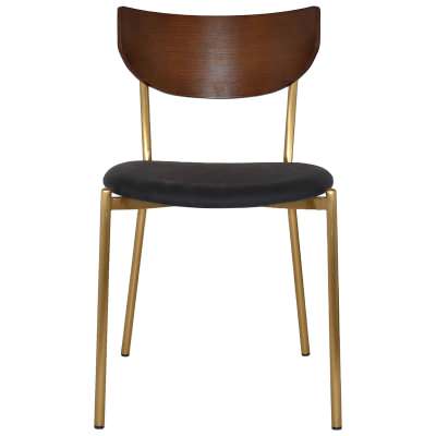 Marco Commercial Grade Stainess Steel Dining Chair, Vinyl Seat, Light Walnut / Brass