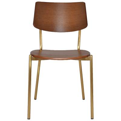 Texas Commercial Grade Stainless Steel Dining Chair, Timber Back & Seat, Light Walnut / Brass