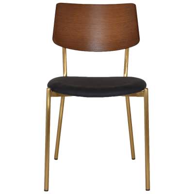 Texas Commercial Grade Stainless Steel Dining Chair, Timber Back & Vinyl Seat, Light Walnut / Black / Brass