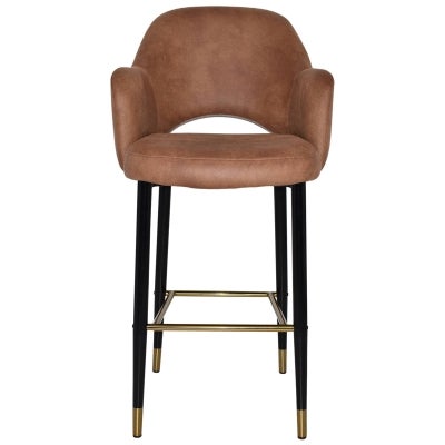Albury Commercial Grade Eastwood Fabric Bar Stool with Arm, Metal Leg, Tan / Black Brass