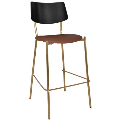 Texas Commercial Grade Stainless Steel Bar Stool, Timber Back & Vinyl Seat, Black / Brass / Tan