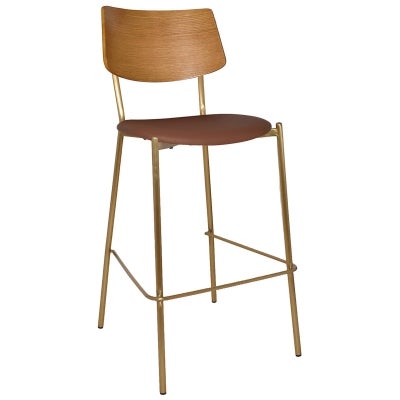 Texas Commercial Grade Stainless Steel Bar Stool, Timber Back & Vinyl Seat, Light Oak / Brass / Tan