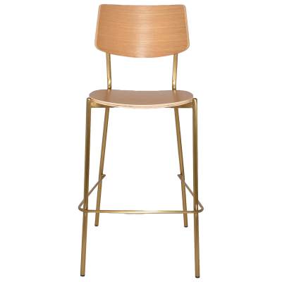 Texas Commercial Grade Stainless Steel Bar Stool, Timber Back & Seat, Natural / Brass