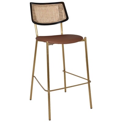 Texas Commercial Grade Stainless Steel Bar Stool, Rattan Back & Vinyl Seat, Black / Brass / Tan