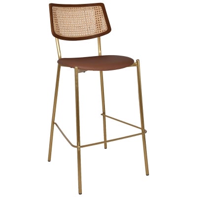 Texas Commercial Grade Stainless Steel Bar Stool, Rattan Back & Vinyl Seat, Light Walnut / Brass / Tan