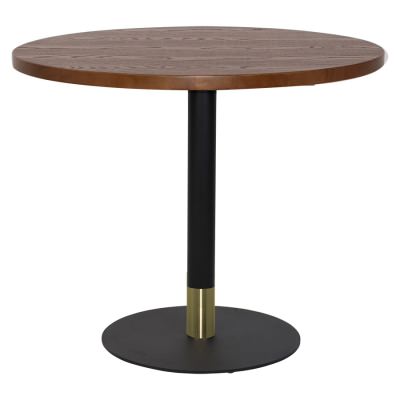Tivoli Commercial Grade Textured Timber & Steel Round Dining Table, 80cm, Light Walnut / Black Brass