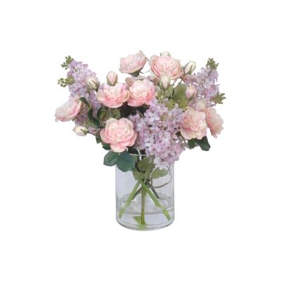 Artificial Lilac & Rose Bouquet in Glass Vase