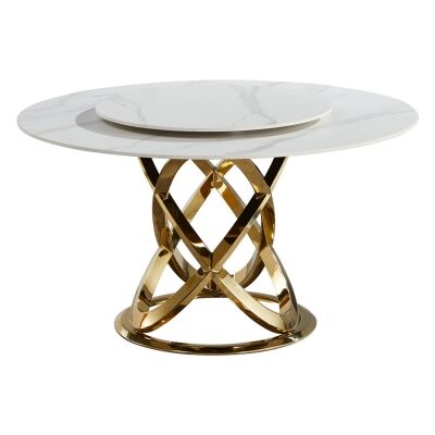 Kareela Sintered Stone Top Round Dining Table with Lazy Susan, 150cm, White / Gold