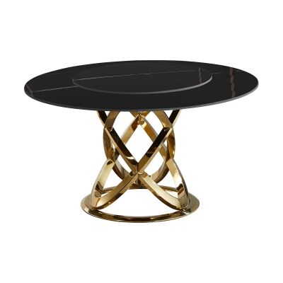 Kareela Sintered Stone Top Round Dining Table with Lazy Susan, 130cm, Black / Gold