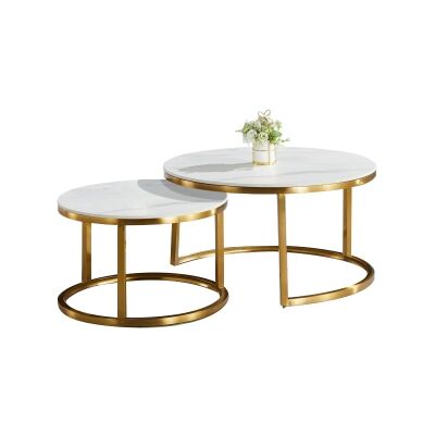 Wilshire 2 Piece Sintered Stone Top Round Nesting Coffee Table Set, 80/60cm, White / Gold