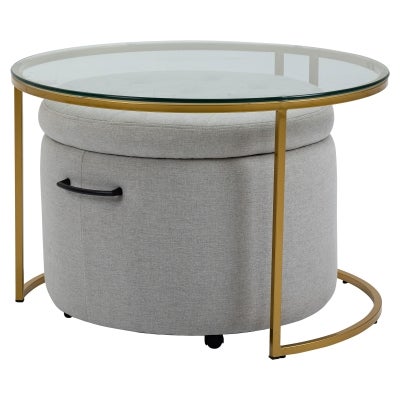 Mikaela Nested Round Coffee Table & Storage Ottoman Set, Gold / Silver Grey