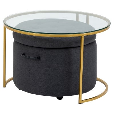 Mikaela Nested Round Coffee Table & Storage Ottoman Set, Gold / Charcoal