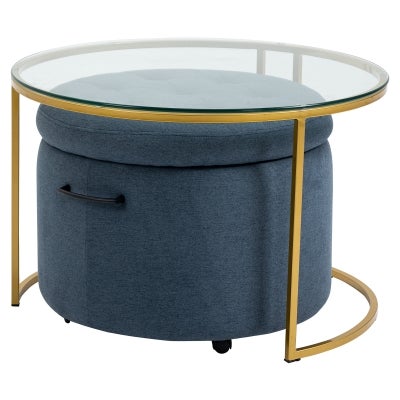 Mikaela Nested Round Coffee Table & Storage Ottoman Set, Gold / Grey Blue