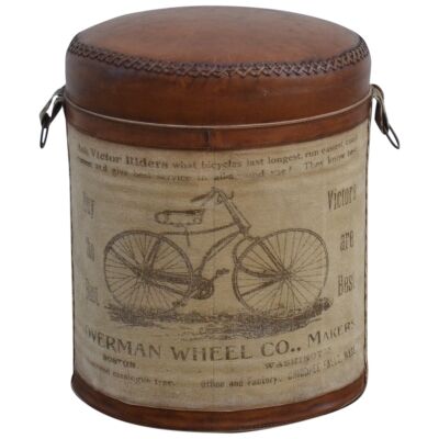 Overman Wheel Vintage Leather & Canvas Round Ottoman