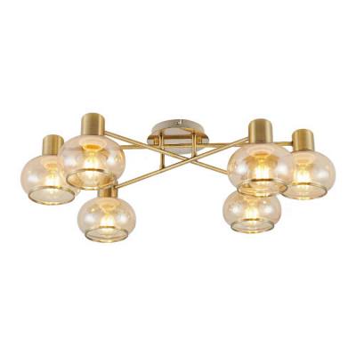 Marbell Iron & Glass Flush Mount Ceiling Light, 6 Light, Antique Brass / Amber
