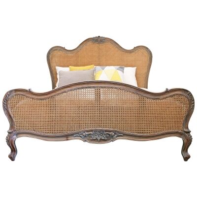 Chester Hand Crafted Solid Mahogany Timber and Rattan Queen Bed, Weathered Oak