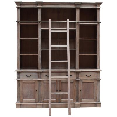 Souvigny Hand Crafted Mahogany Bookcase with Ladder, Weathered Oak