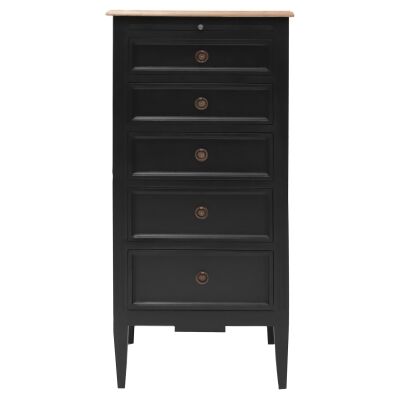 Belley Hand Crafted Mahogany Timber 5 Drawer Tallboy, Black / Weathered Oak