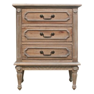 Lapalisse Hand Crafted Mahogany Timber 3 Drawer Bedside Table, Weathered Oak