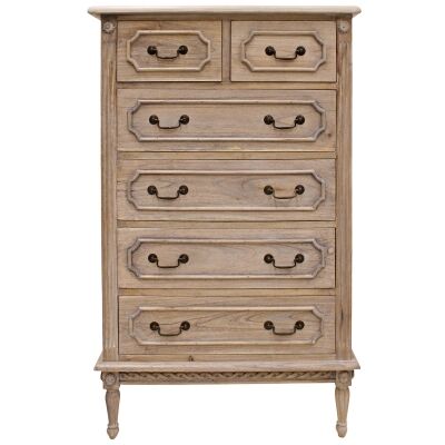 Lapalisse Hand Crafted Mahogany Timber 6 Drawer Tallboy, Weathered Oak
