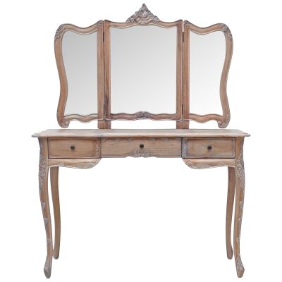 Septeme Hand Crafted Mindi Wood Timber Dressing Table with Mirror, Weathered Oak
