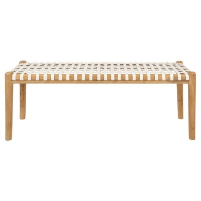 Gerti Woven Leather & Teak Timber Bench, 120cm, White / Natural