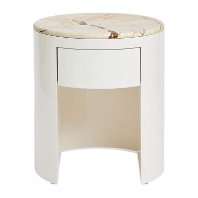 Nobo Marble Top Timber Round Bedside Table, High Gloss Cream