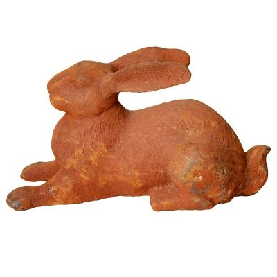 Cast Iron Lying Rabbit Figurine Garden Decor, Rust